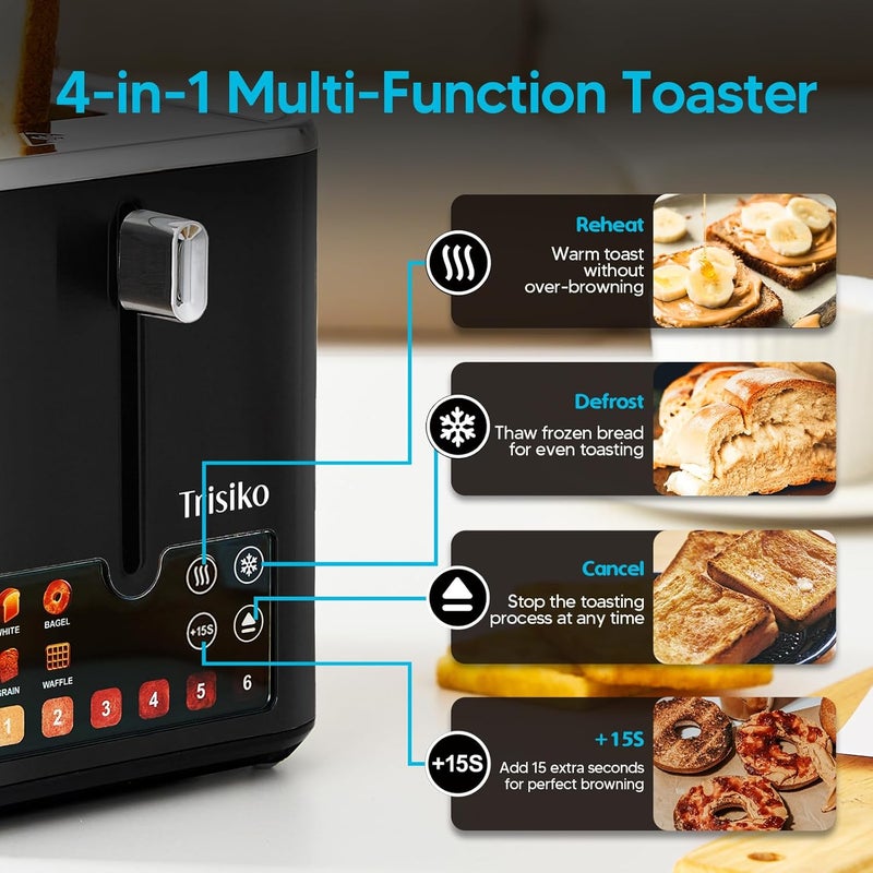 Trisiko ® Touch Screen Toaster 2 Slice,Smart Toaster with Digital Timer, 1.38" Extra-Wide Slots for Bread& Bagel,with Reheat, Defrost, Cancel, +15s Boost, Great for Home, Office, Dorm (Black) - Image 5